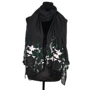 Studio Large Embroided Floral Rectangle Scarf Shawl Wrap Black & Green 27.5"×73"